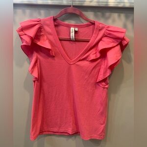 Grace Karma Top Large Ruffle Flutter Tiered Ribbed Pink Size Large